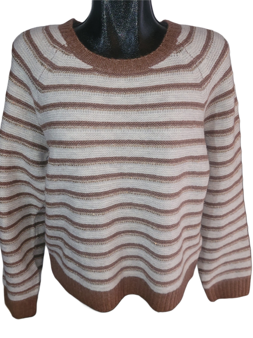 Dex Striped Cream and Brown Knit Sweater With Gold Thread Detailing NWT Size XL